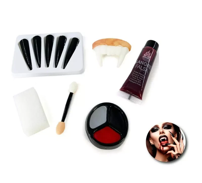 Kit de Maquillaje Vampiro: Uñas, dentadura, tubo de sangre, esponja, brocha y paleta Universal Adulto