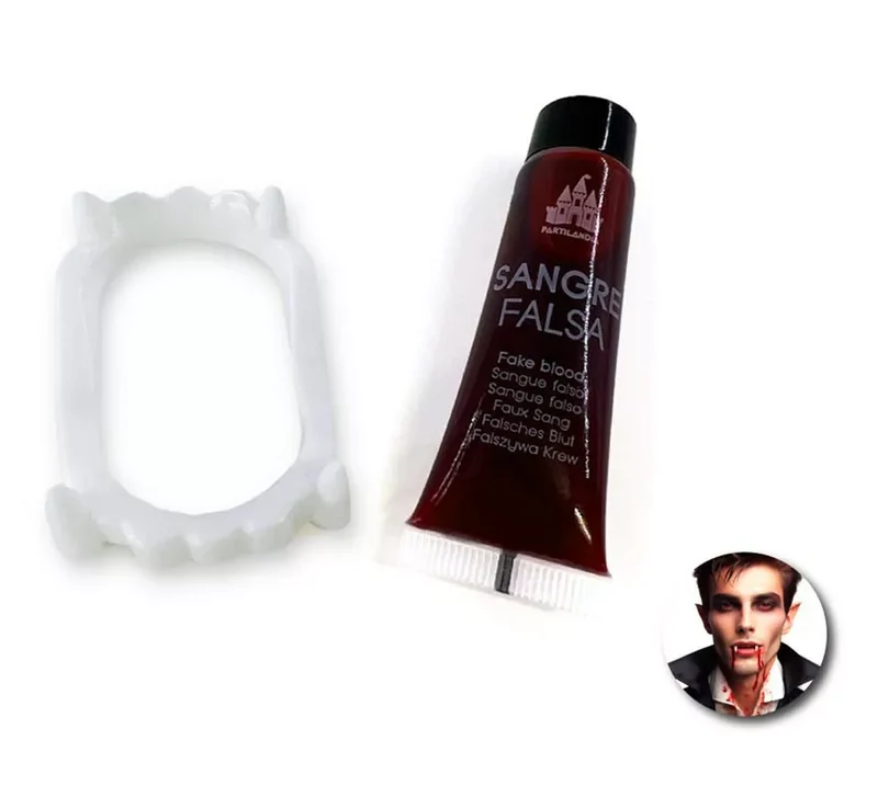 Kit de Vampiro: Tubo de Sangre falsa y dentadura Universal Adulto