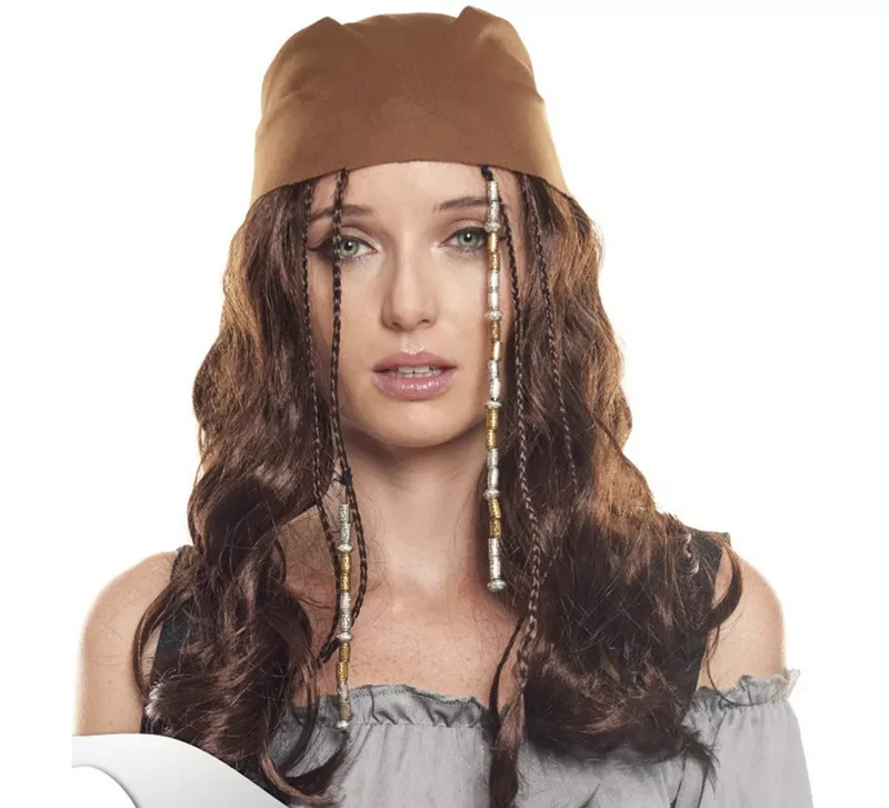 Peluca de Chica Pirata castaño claro con pañuelo T.Universal