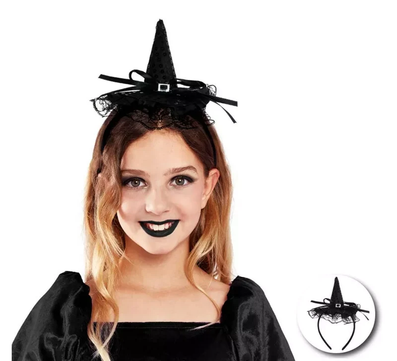 Diadema de Bruja con lentejuelas y lazo infantil en varios colores Negro