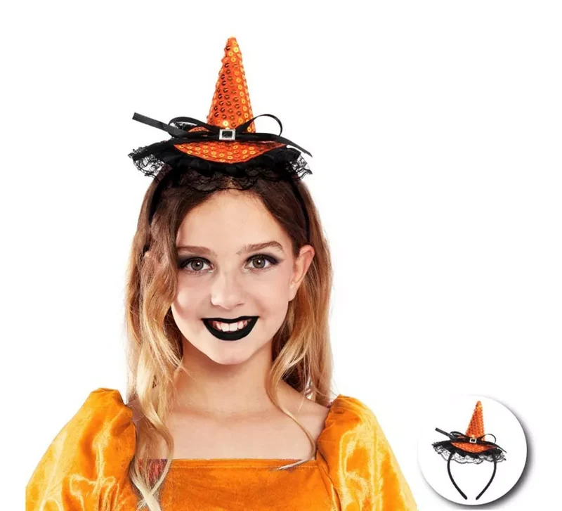 Diadema de Bruja con lentejuelas y lazo infantil en varios colores Naranja