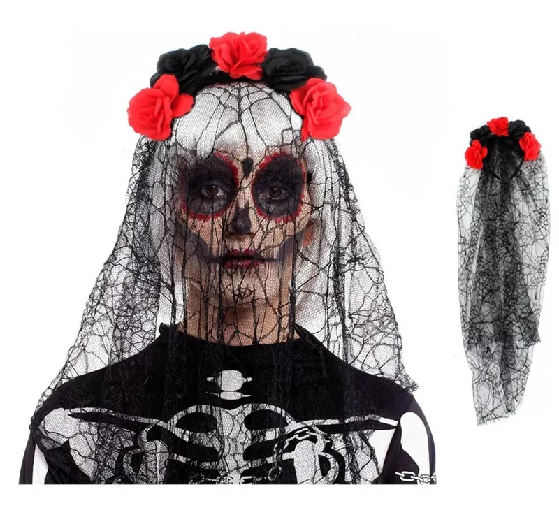 Diadema de Rosas Catrina negro y rojo con velo Universal Adulto