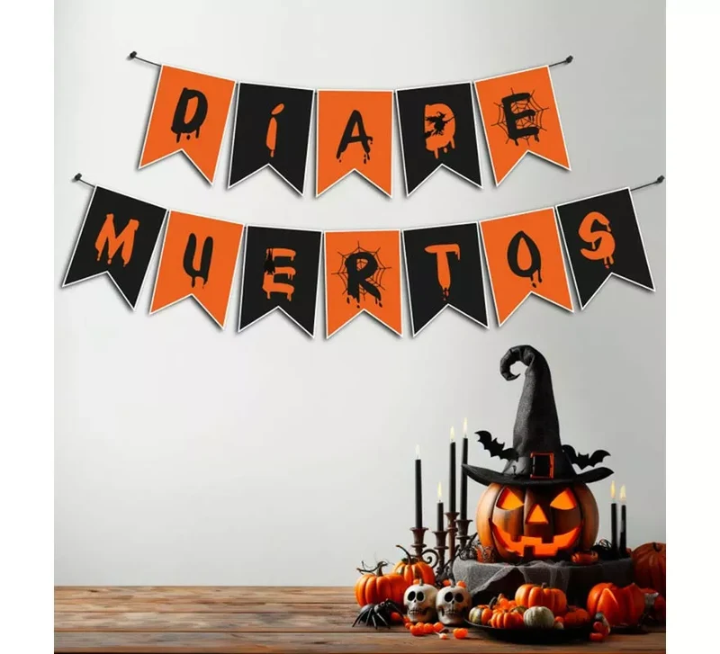 Guirnalda de Día de Muertos negro y naranja de 3 m T.Única