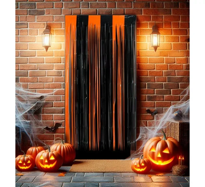 Cortina Halloween con flecos negro y naranja de 1x2 m T.Única