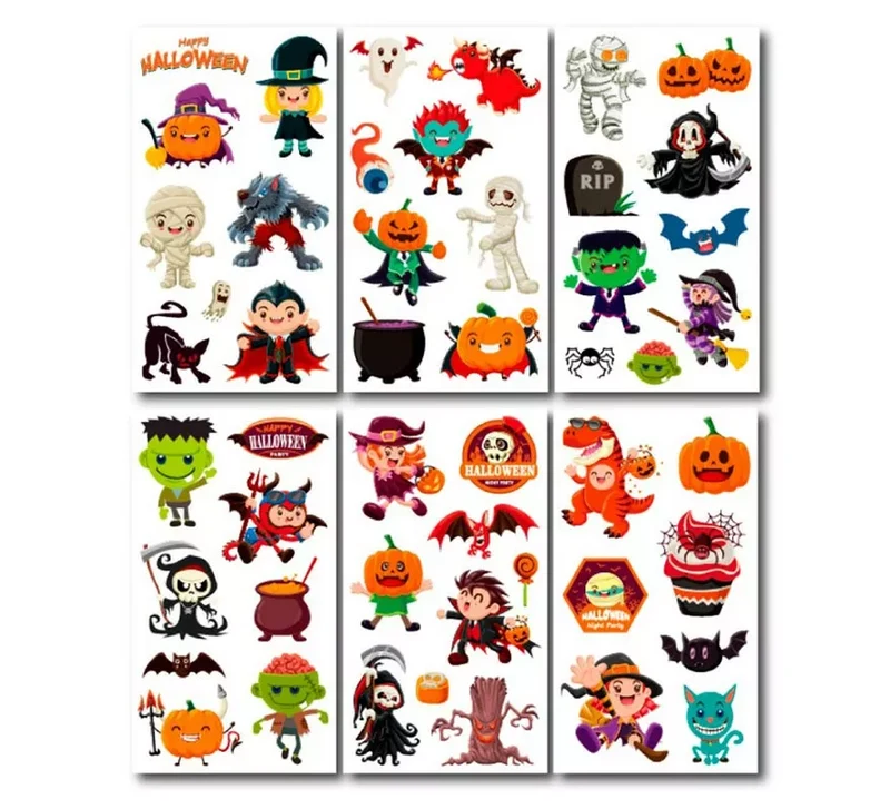 Pack de 6 Tatuajes Halloween caricaturas en modelos surtidos de 6,8 cm T.Única