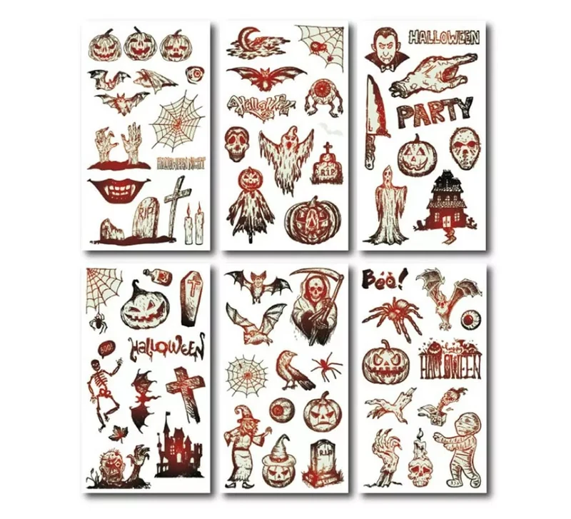 Pack de 6 Tatuajes Halloween luminiscente en modelos surtidos de 6,8 cm T.Única