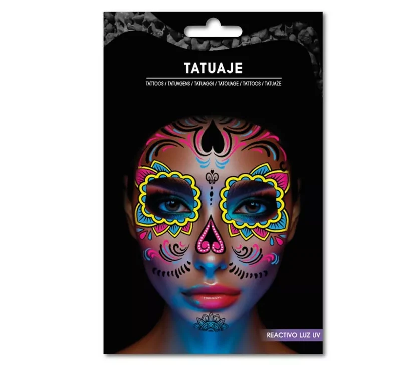 Tatuaje Catrina amarillo y rosa fluorescente Universal Adulto