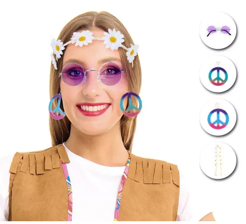 Kit de Hippie púrpura adulto: Gafas, Pendientes y Cinta Universal Adulto