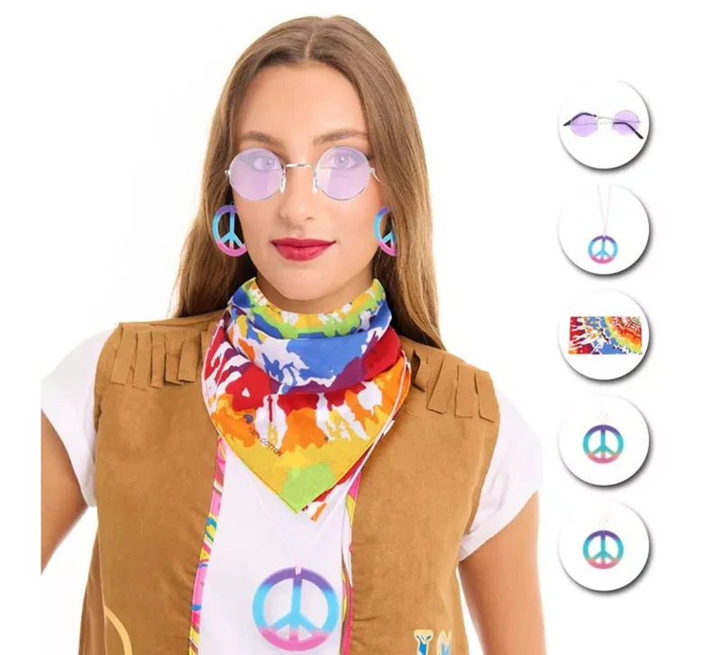Kit de Hippie adulto: Gafas, Pendieañuelo y Collar en varios colores Lila