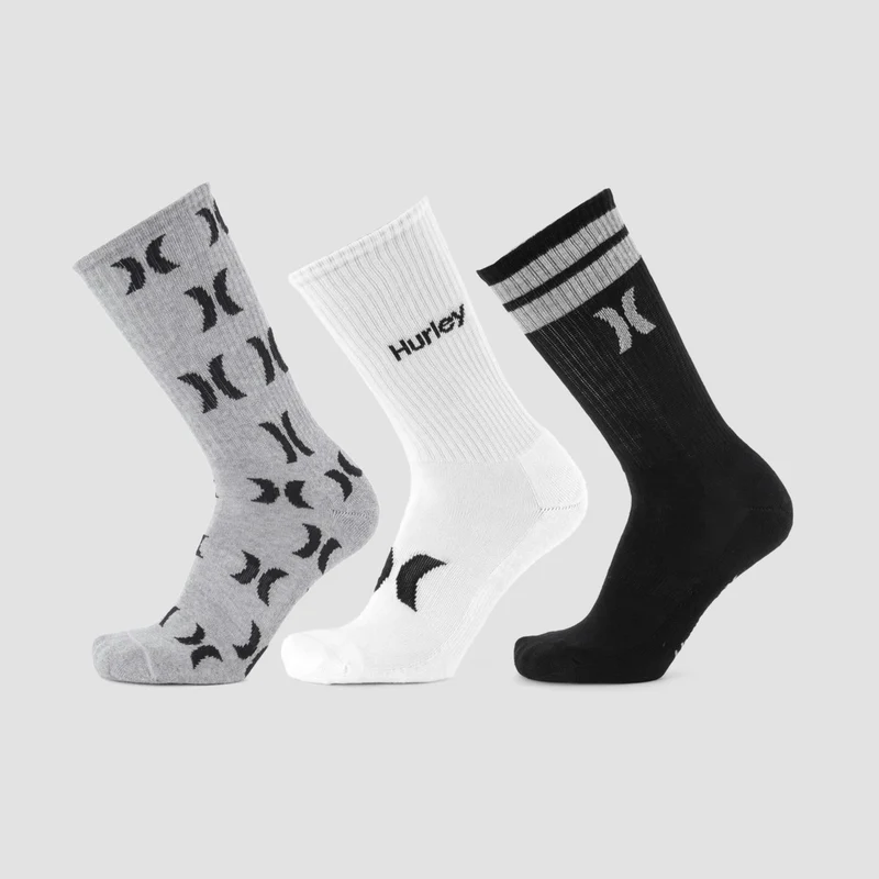 Hurley Print 1/2 Terry Crew Socks 3 Pack Grey/White/Black 9-12uk / Grey/White/Black