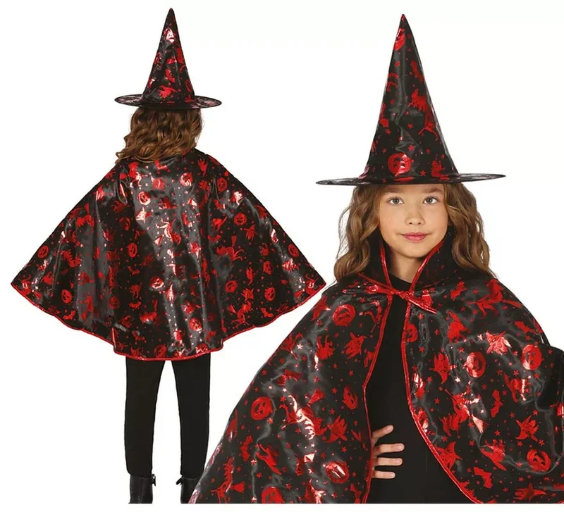 Kit de Bruja negro y rojo Infantil: Capa y Sombrero Universal Niños