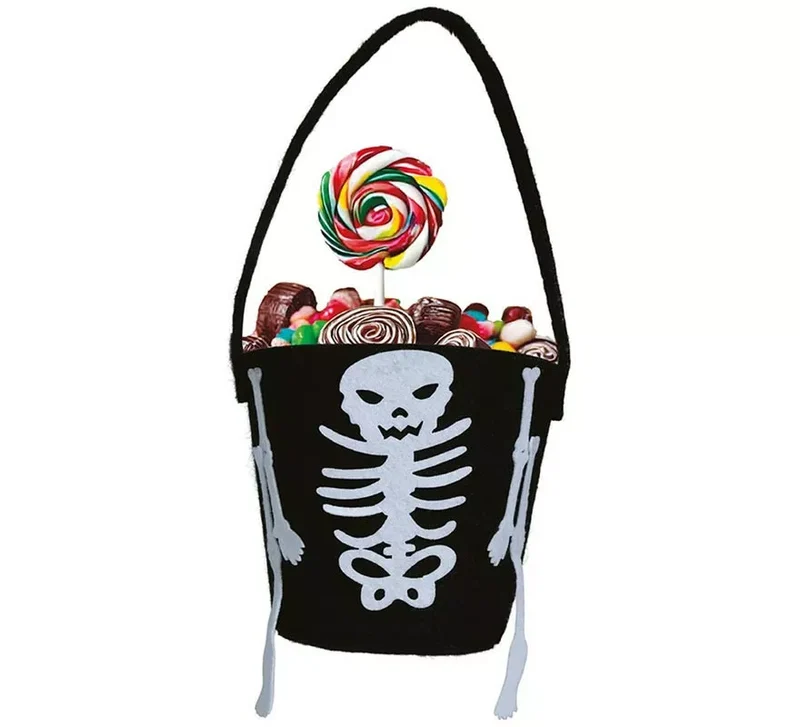Cubo Calabaza de Fieltro Negra Esqueleto 12x8 cm Sin talla