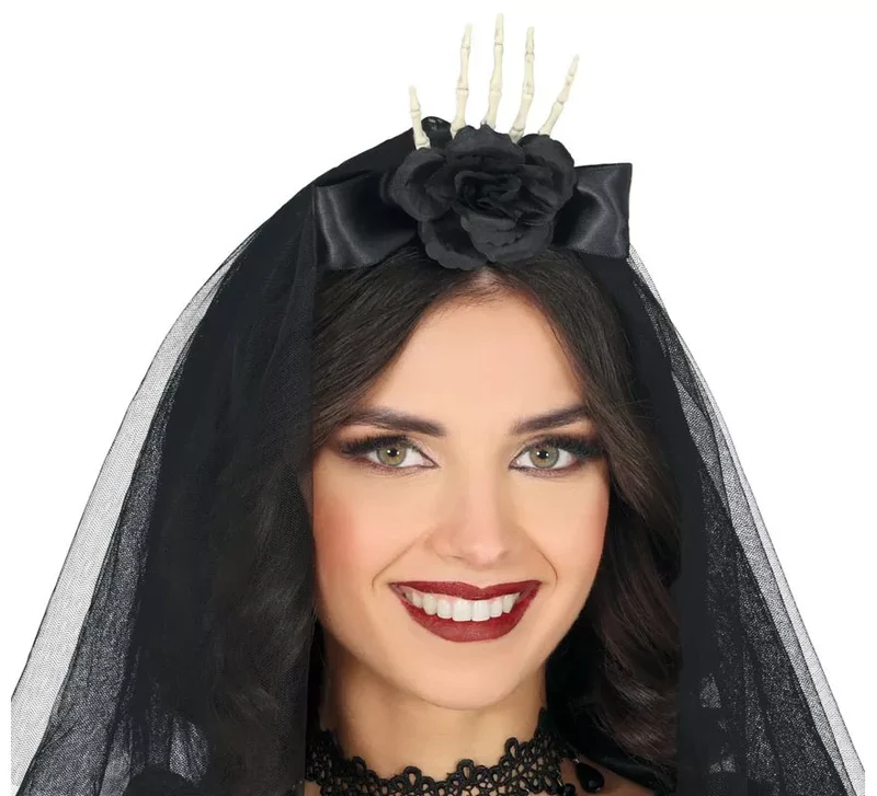 Diadema con Velo Mano y Flor negra Universal Adulto