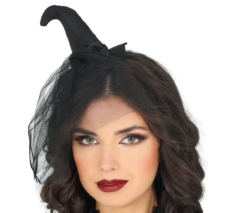 Mini Sombrero de Bruja negro con Velo negro Universal Adulto