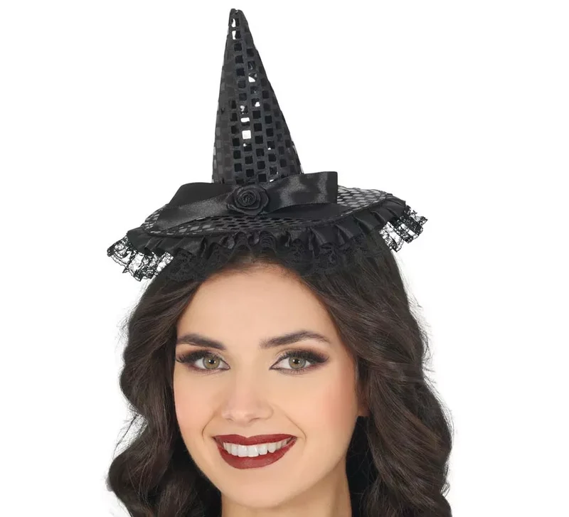 Mini Sombrero de Bruja Lentejuelas negro Universal Adulto