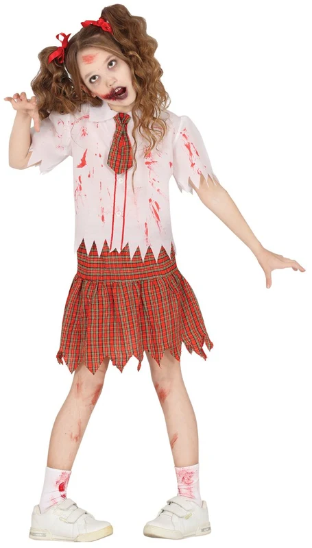 Schulmädchen-Kostüm Rot-Weiß Zombie 5–6 Jahre