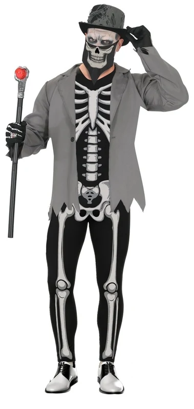 Halloween-Kostüm, weiß-schwarz, Herren, Skelett, 3-teilig M-48/50