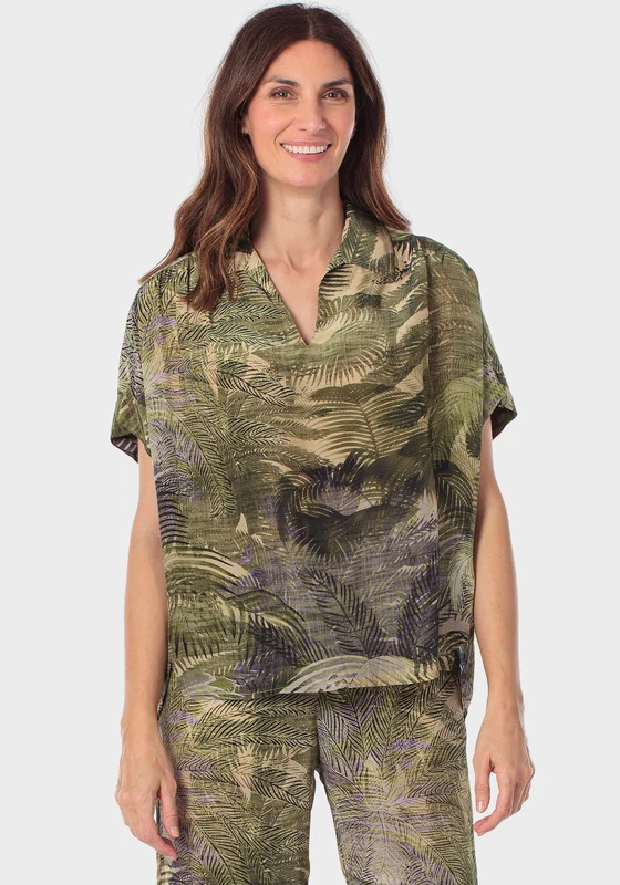 Short Sleeve Printed Pleated Top - Green Green Khaki / M