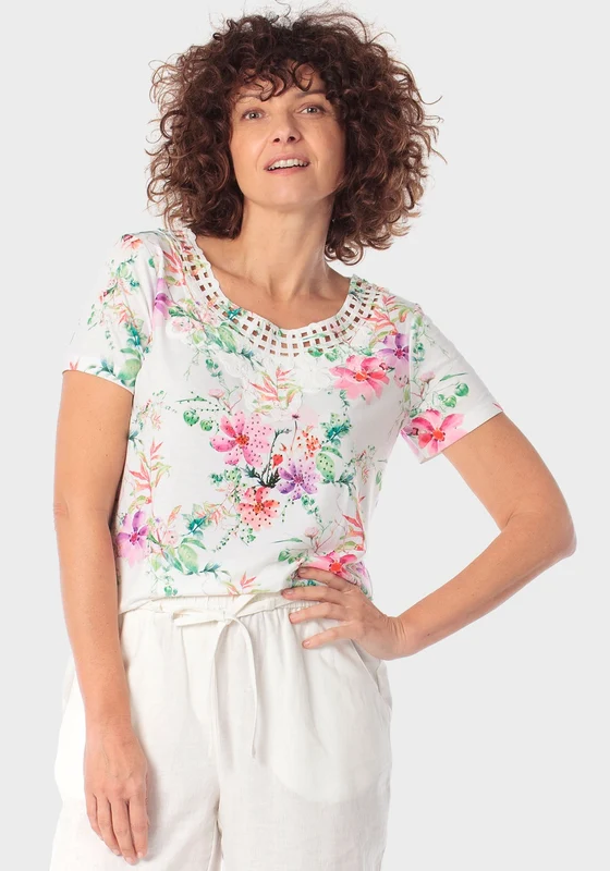 Floral Print Round Neck T-Shirt - Pink Fuchsia / XL