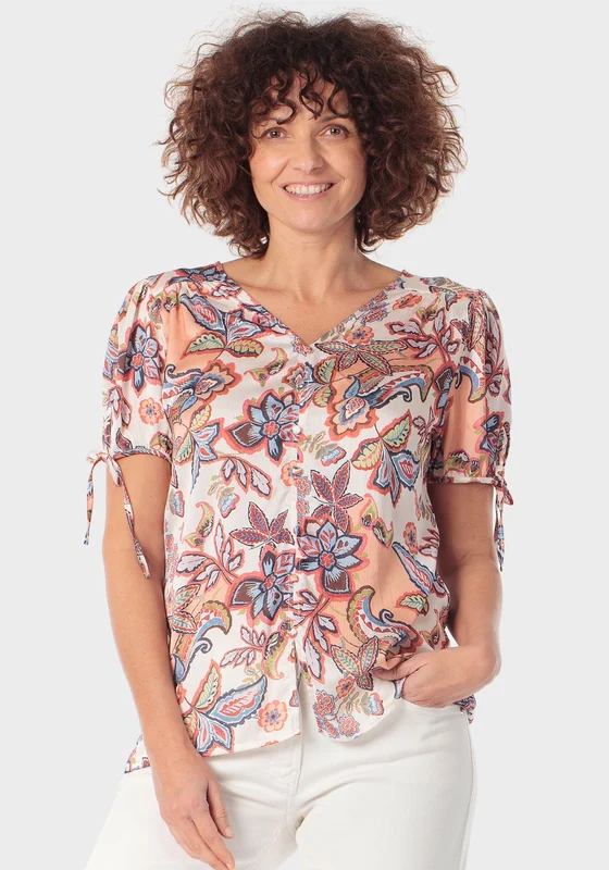 Floral Print Round V Neck T-Shirt - Orange Orange Coral / M