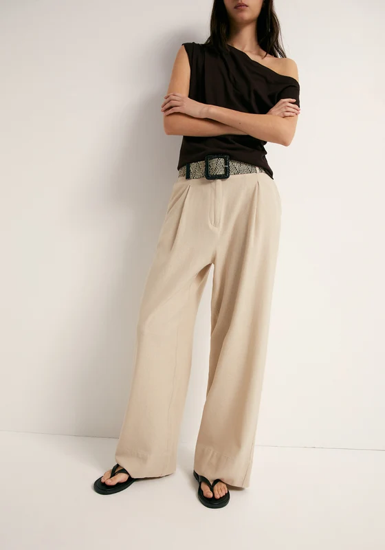 Linen Wide Leg Trousers - Beige Beige / 36