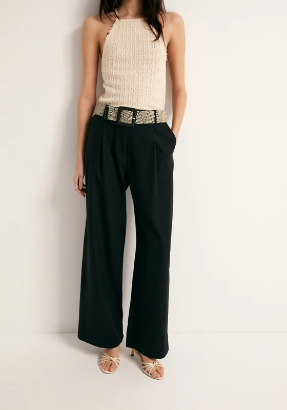 Linen Wide Leg Trousers - Black Black / 36