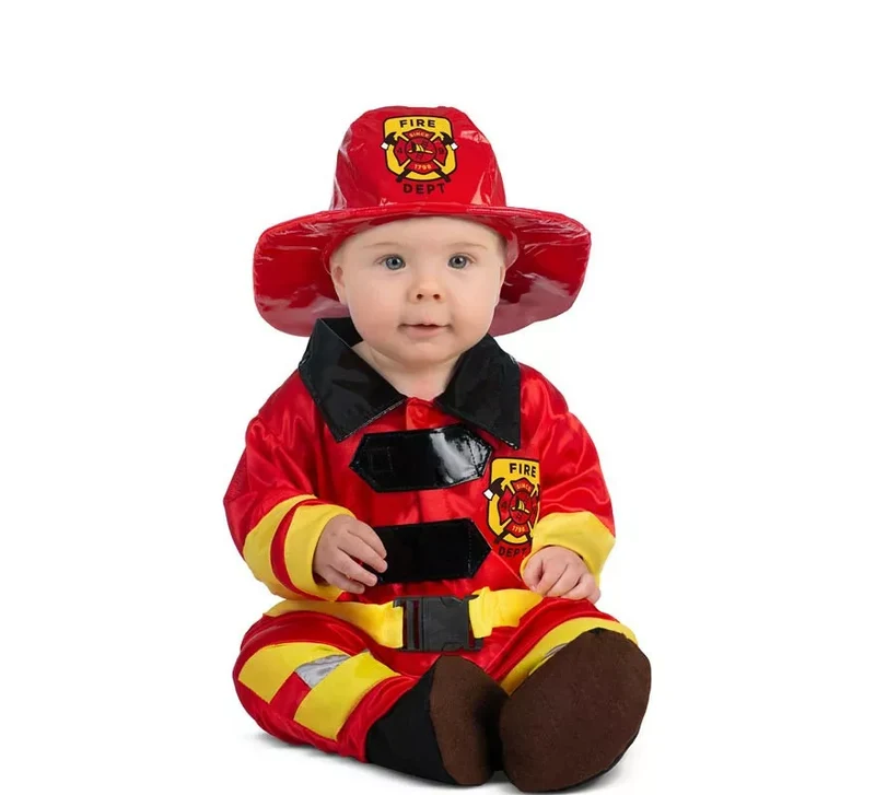 Disfraz de Bombero rojo y amarillo con casco para bebé 12-24M