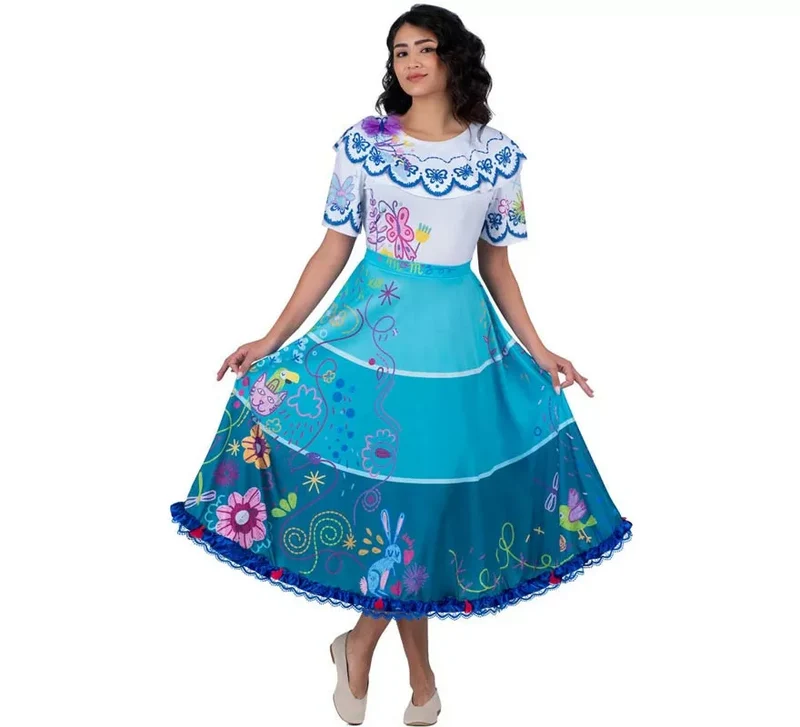 Disfraz de Colombiana azul y blanco floral para mujer L