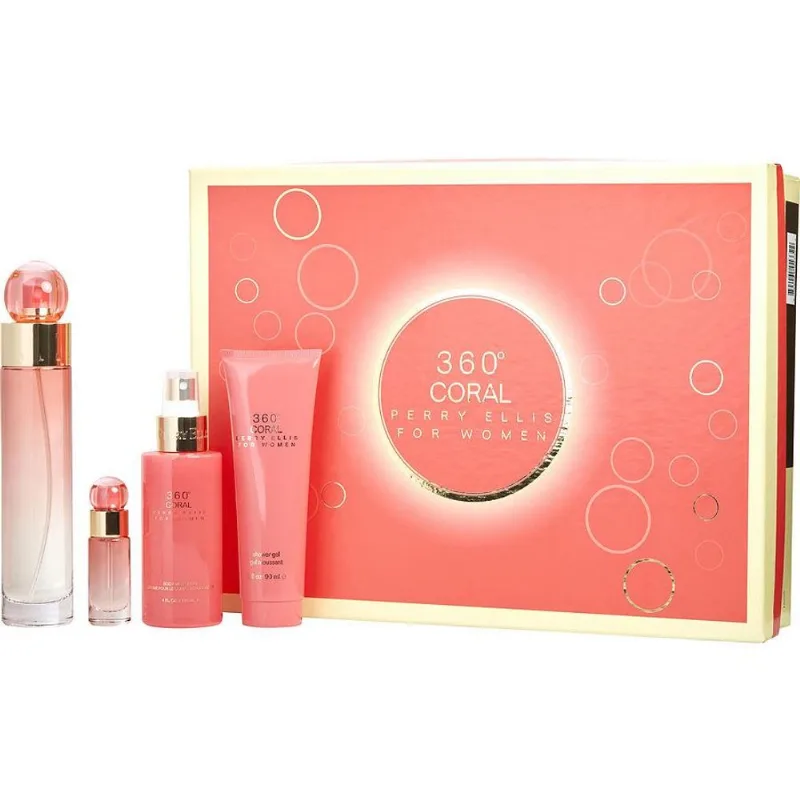 Cx De Presente Feminino Perry Ellis 360 Coral Perry Ellis Eau De Parfum 100 Ml + Body Mist 120 Ml + Gel De Banho 90 Ml + Eau De Parfum Spray 07 Ml