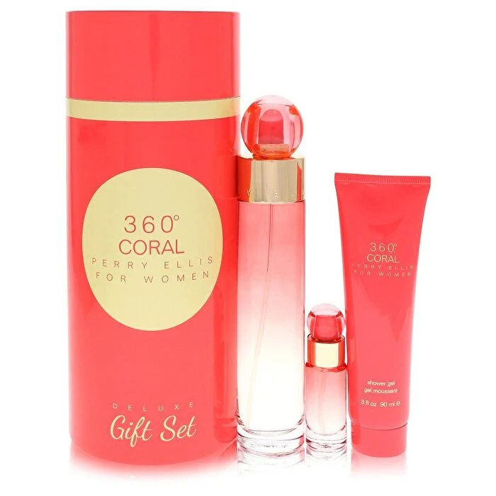 Perry Ellis 360 Coral Gift Set - Eau de Parfum Spray + Mini Eau De Parfum Spray + 3 oz Shower Gel 3.4 oz 3.4 oz