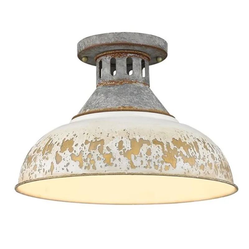 Golden Lighting Kinsley 1-Light Semi Flush Mount - 14-in - Aged Galvanized Steel/Antique Ivory