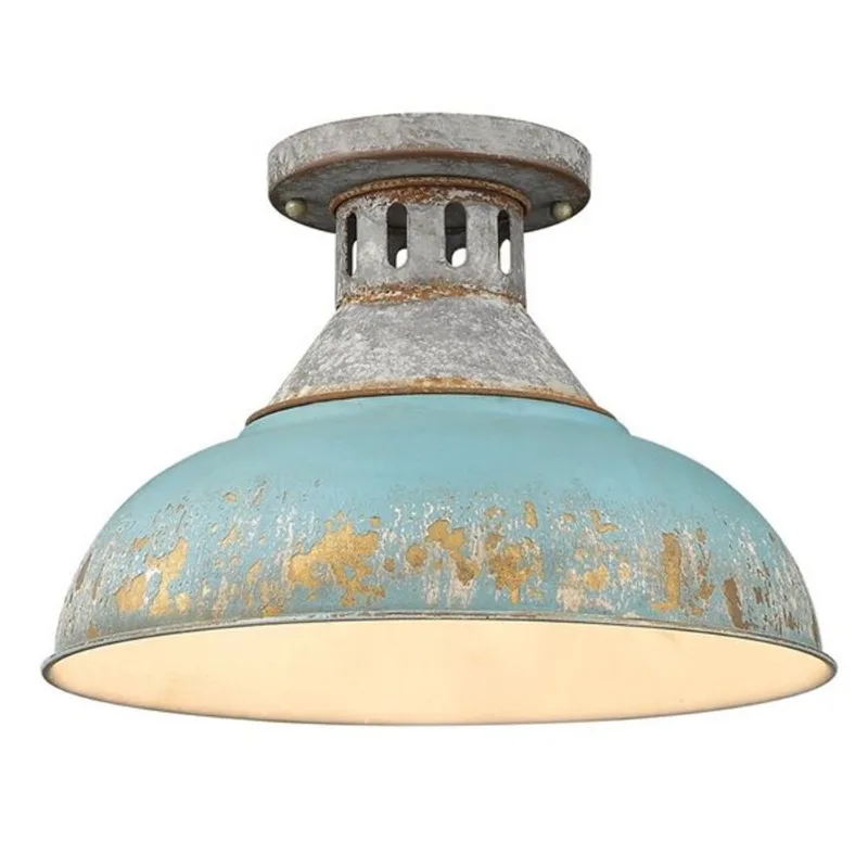 Golden Lighting Kinsley 1-Light Semi Flush Mount - 14-in - Aged Galvanized Steel/Teal