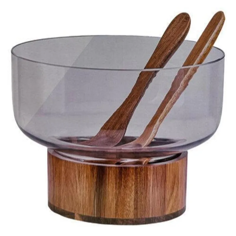 Conjunto Salada 4 Peças Saladeira Vidro E Madeira 30cm