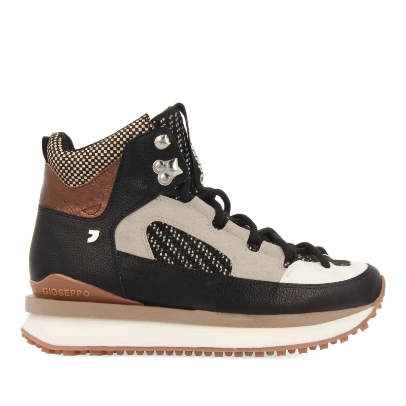 Lustenau women's brown mountain boot-style sneakers featuring different textures and pieces in black, white and copper 38