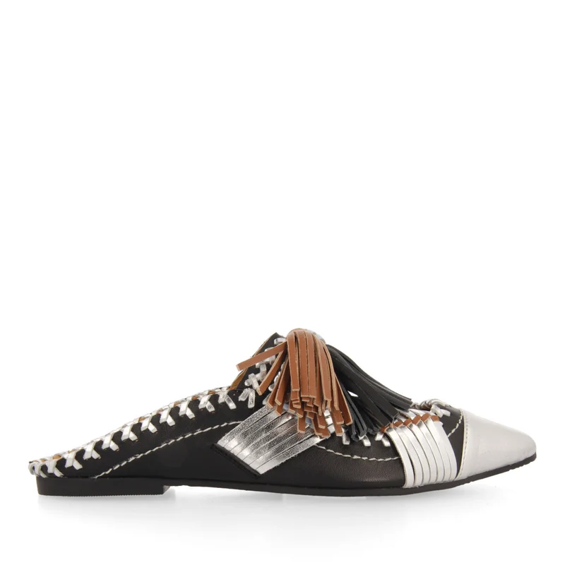 Papantla women's black leather mules with tassels 36