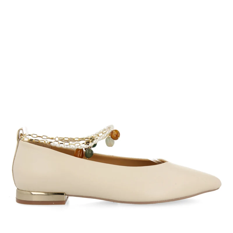 Lezinnes women's off-white leather ballet flats with an ankle strap with pearls and a chain 41
