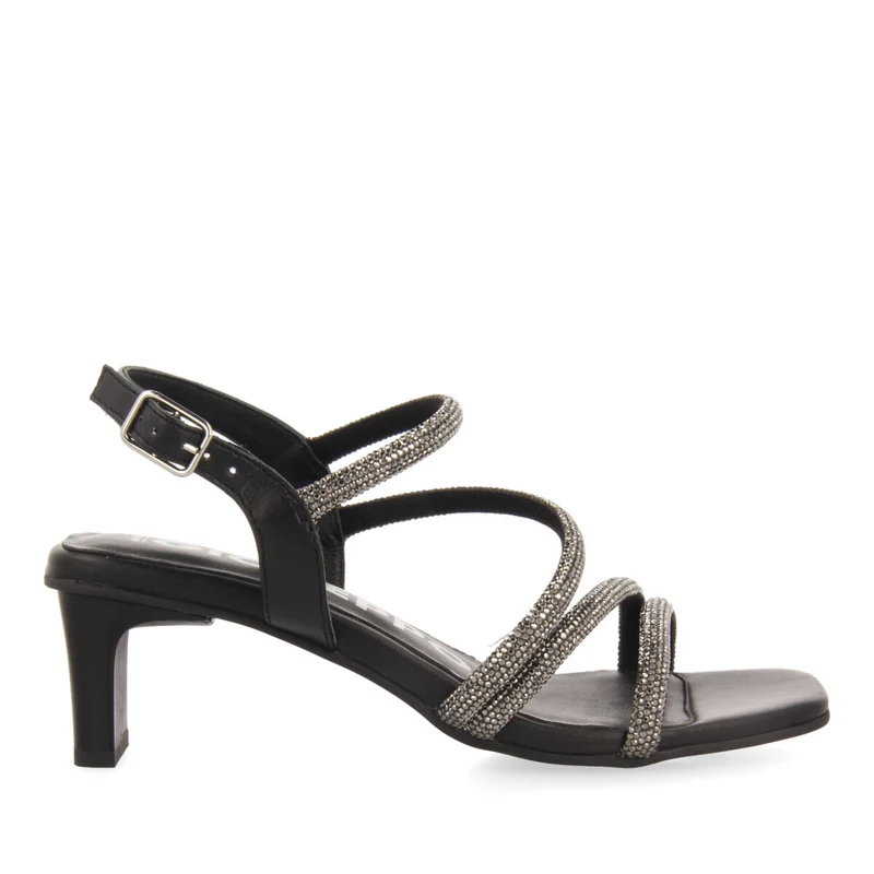 Arapua women's black leather sandals with heels and rhinestone straps 39