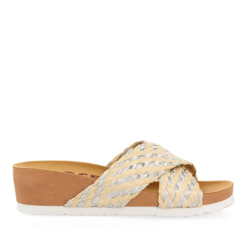 Bandrele women's footbed sandals with raffia and silver straps 38