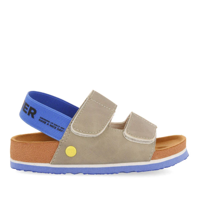 Courgis boys grey footbed sandals with blue details and text 39