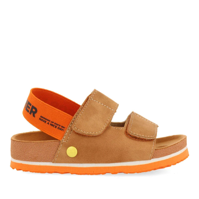 Courgis boys tan footbed sandals with orange details and text 36