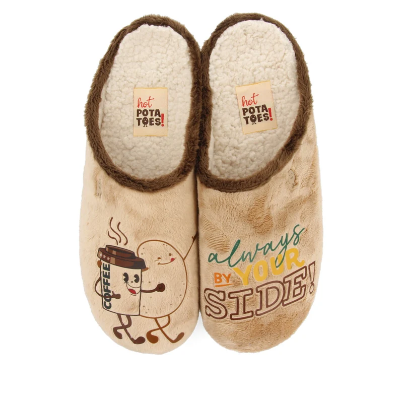 BEIGE FUR SLIPPERS WITH PATATILLA PRINT AND MESSAGE GOLSPIE 40