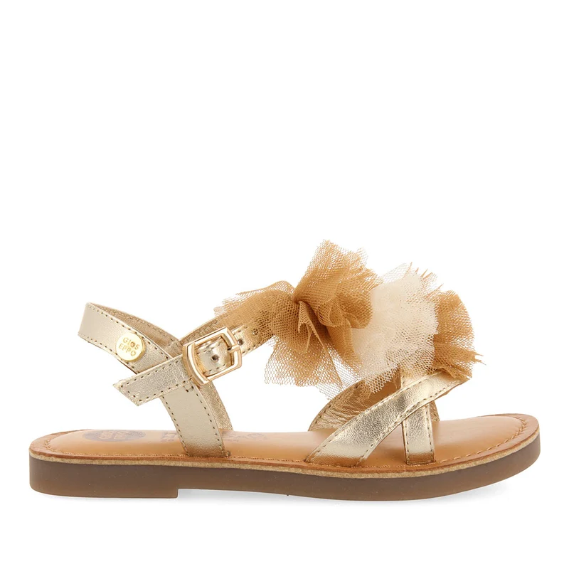 GOLDEN LEATHER SANDALS WITH NUDE TONE POMPOMS FOR GIRL AND BOY TECATE 33
