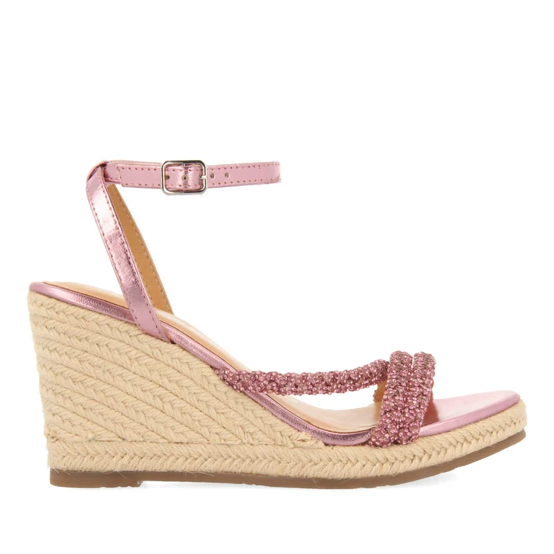 LEATHER FUCHSIA SANDALS WITH STRAPS WITH JEWELRY AND HIGH JUTE WEDGE FOR WOMEN MENFI 36
