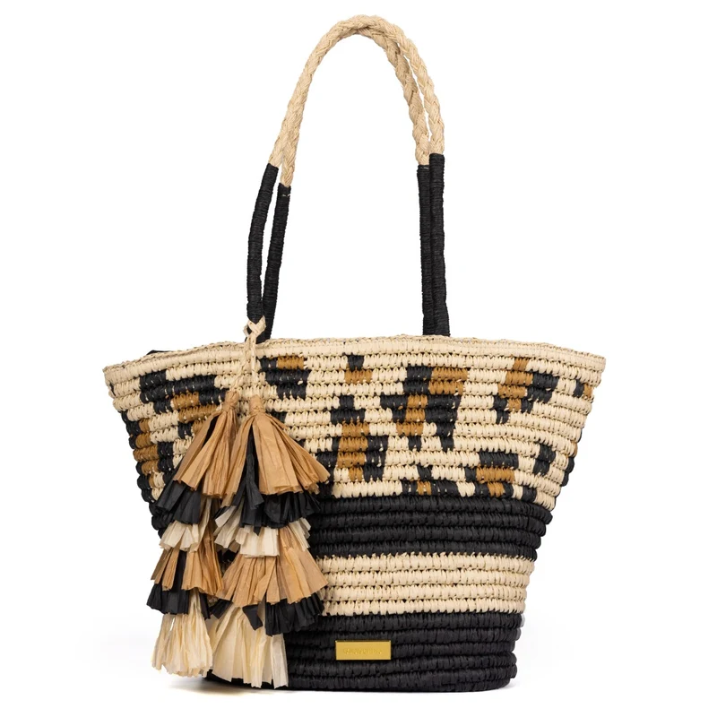 NATURAL COLOR BASKET WITH FRINGES, ANIMAL PRINT AND CONTRAST BANDS RAMACCA UNICO
