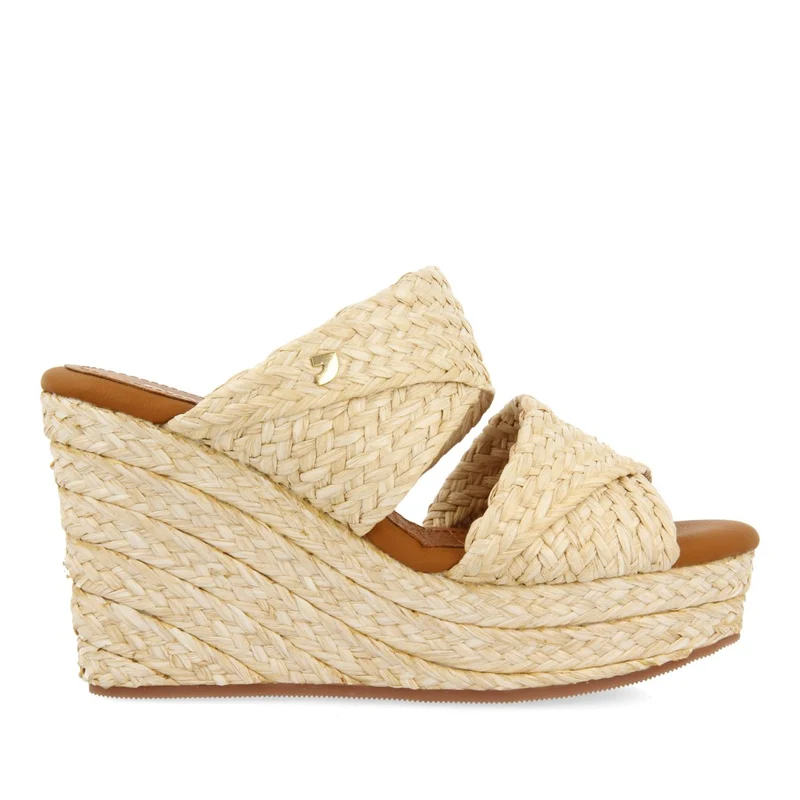 HIGH WEDGE SANDALS IN LEATHER COLOR MULE STYLE WITH RAFFIA FOR WOMEN FRAZZANO 39