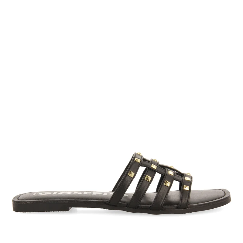 WOMEN'S BLACK LEATHER SPADE SANDALS WITH STUDS 35
