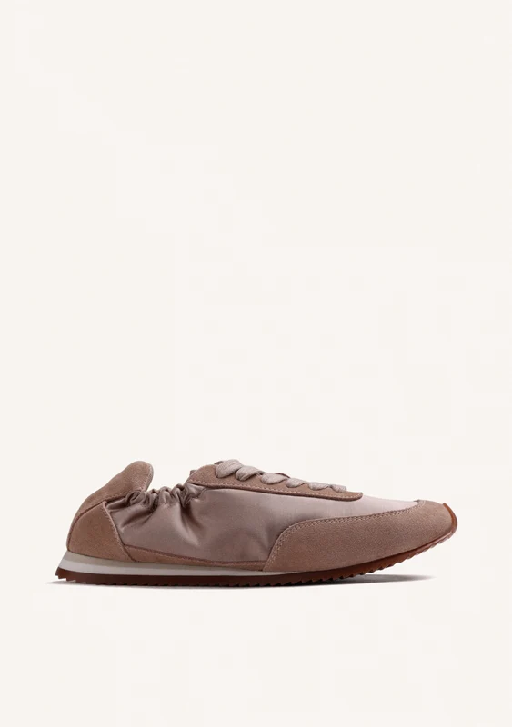 TAUPE LEATHER AND SATIN SNEAKERS 38