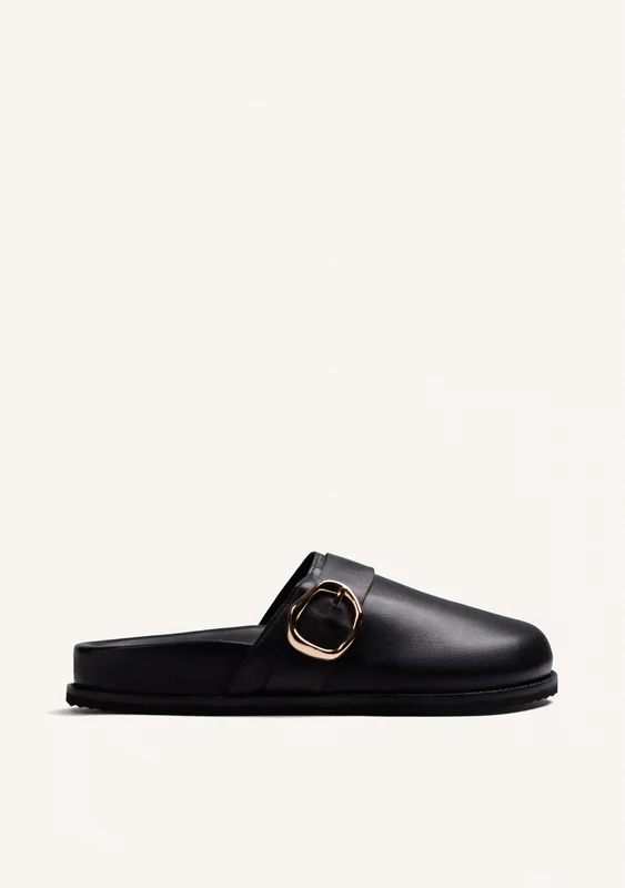 BLACK LEATHER CLOGS WITH BUCKLE 38