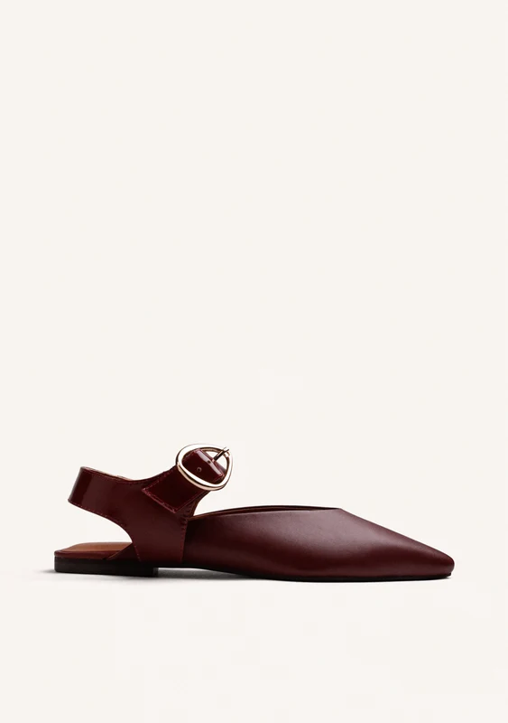 BURGUNDY LEATHER BACKLESS BALLET FLATS 39