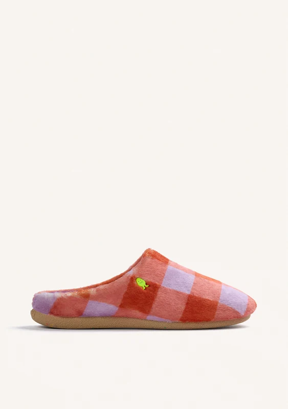ORANGE AND LILAC CHECKERED FUR HOUSE SLIPPERS 36